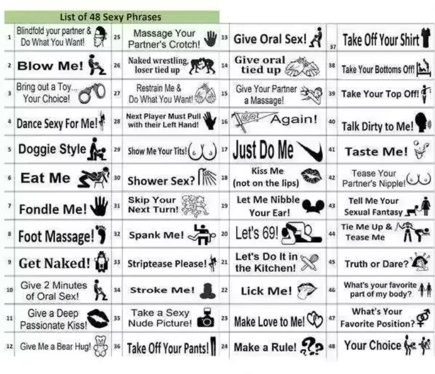 Couples game kit card featuring 48 playful intimacy phrases and suggestive icons for date night.