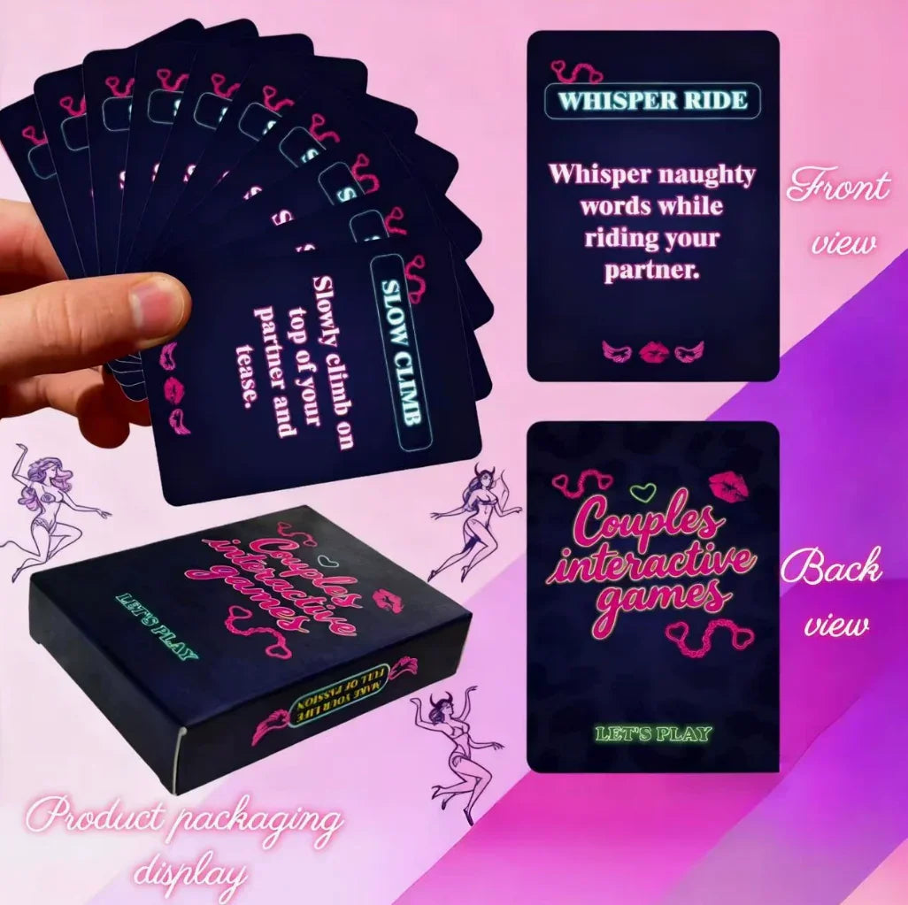 Couples interactive game cards with playful dares, product packaging on pink background.