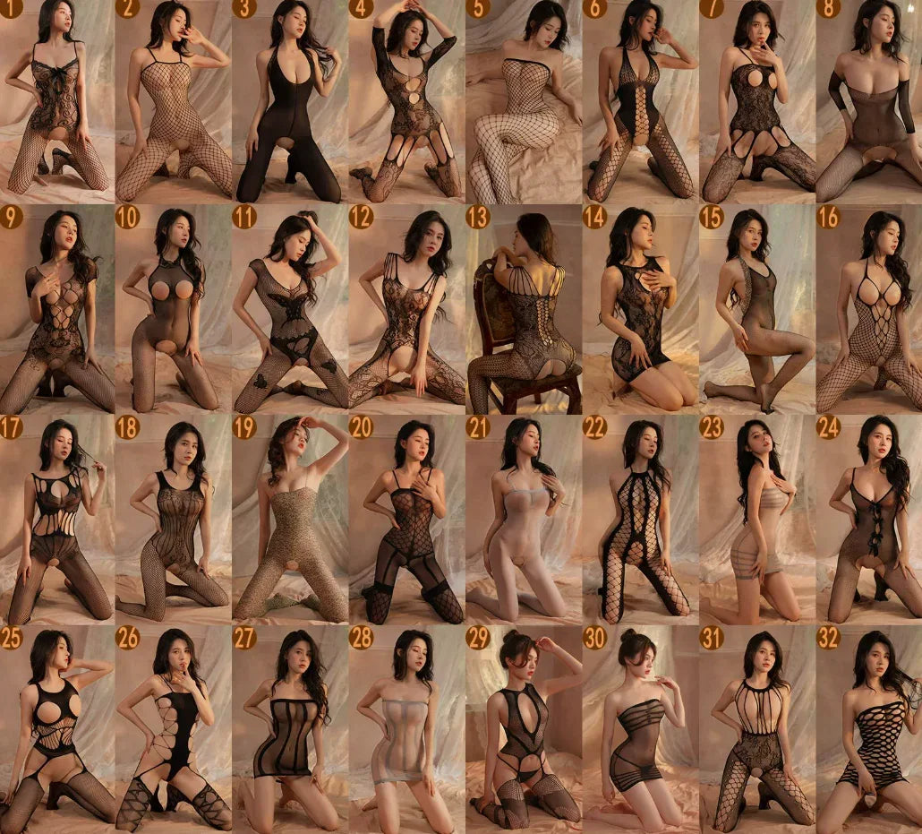 Collage of a woman modeling 32 different sheer fishnet bodysuits in various poses, ideal for couples game kit and intimate nights.