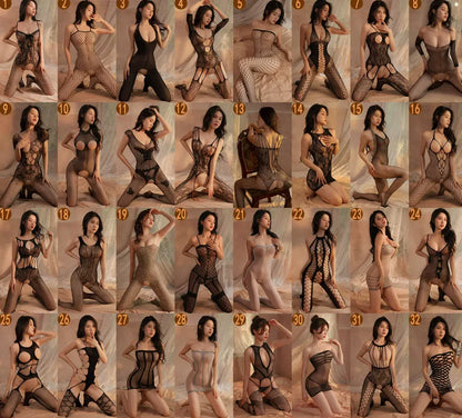 Collage of a woman modeling 32 different sheer fishnet bodysuits in various poses, ideal for couples game kit and intimate nights.