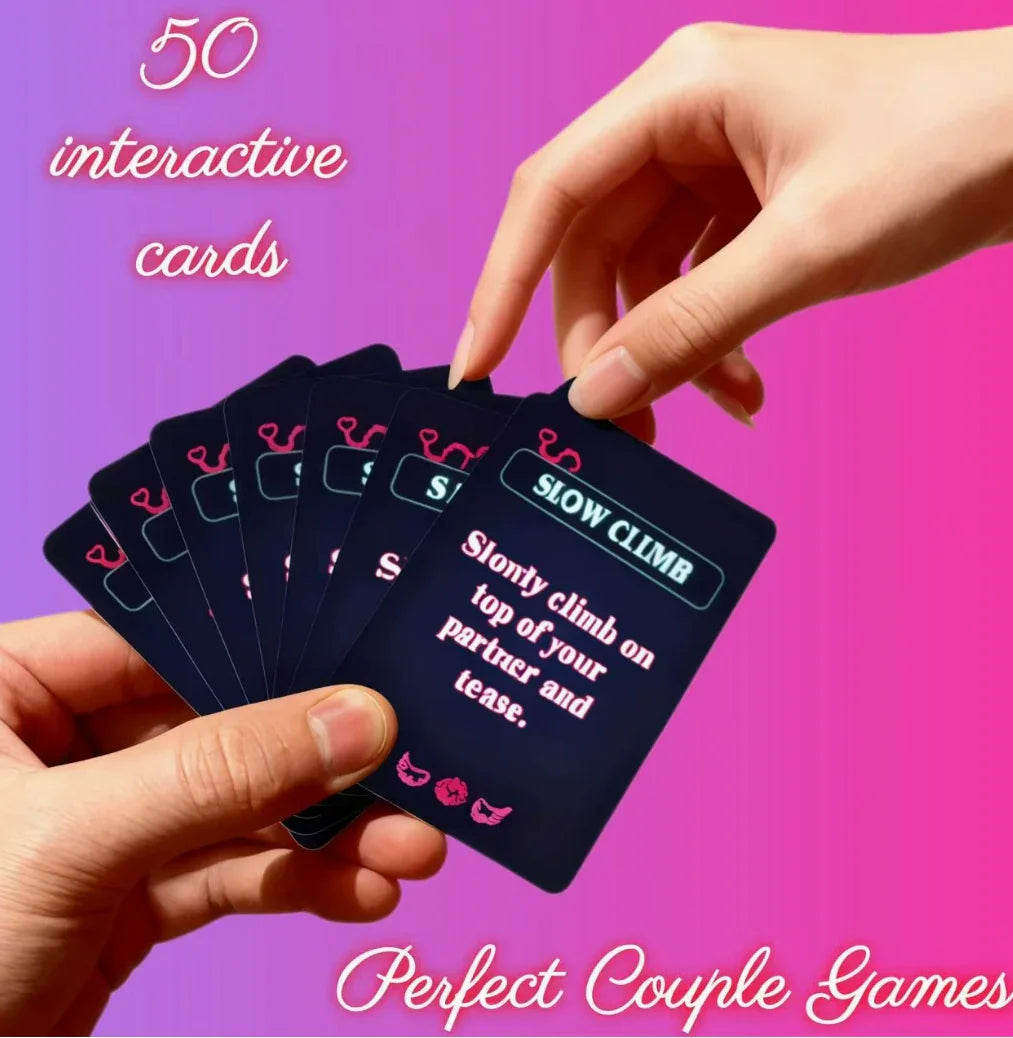Couple holding interactive game cards for couples against a pink background