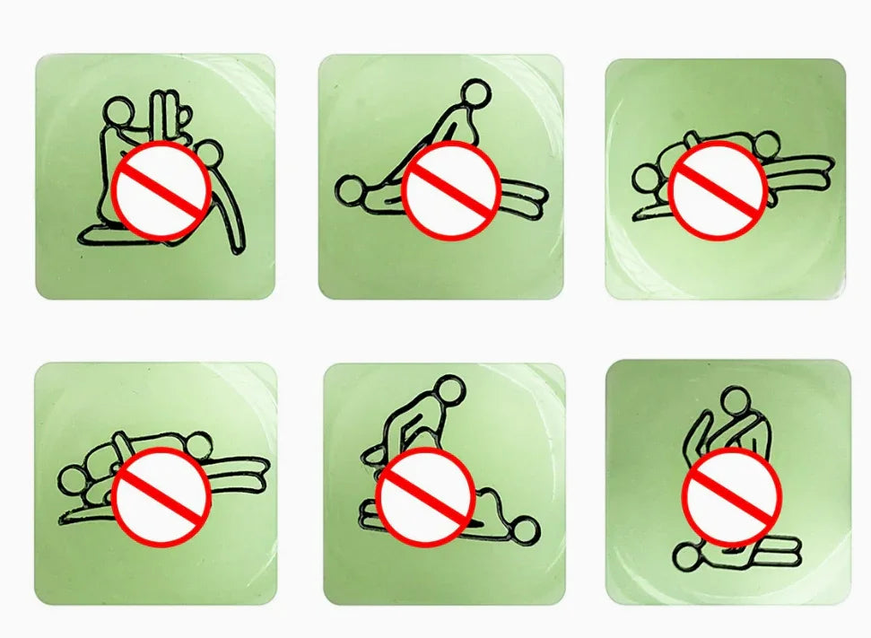 Couples game kit cards showing position icons with prohibition signs, party game component