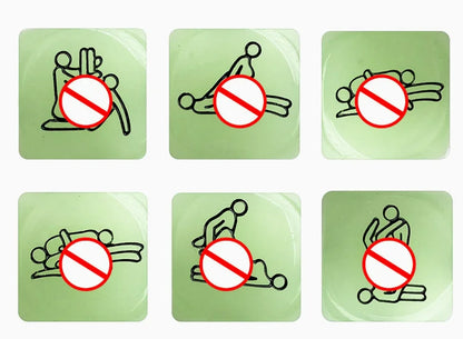 Couples game kit cards showing position icons with prohibition signs, party game component