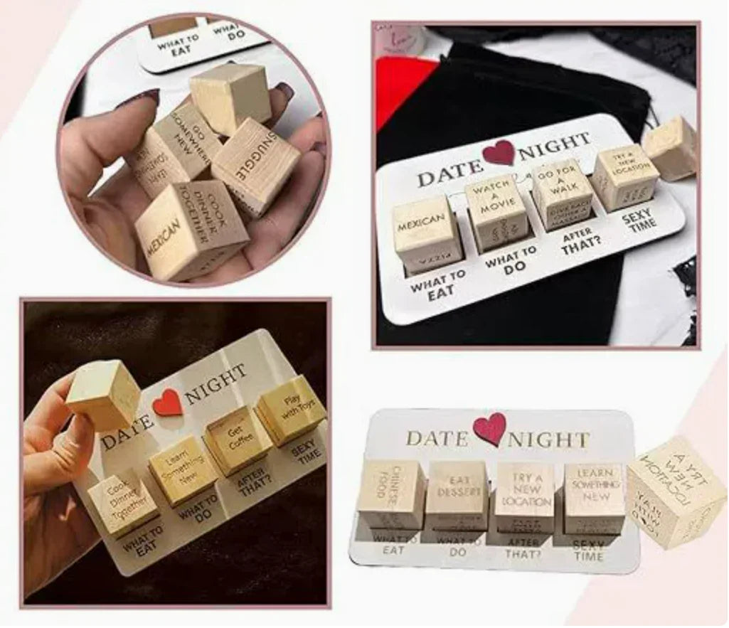 Couples date night game kit with wooden dice suggesting fun and romantic activity ideas.