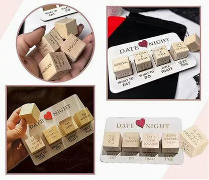 Couples date night game kit with wooden dice suggesting fun and romantic activity ideas.