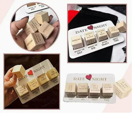 Couples date night game kit with wooden dice suggesting fun and romantic activity ideas.