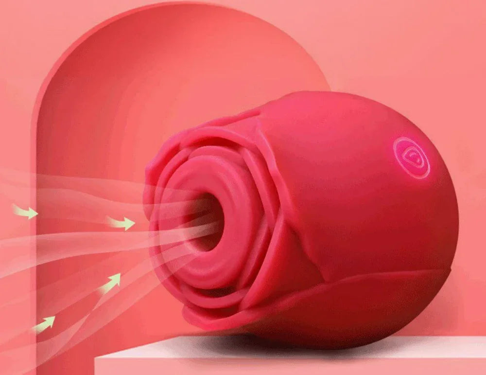 Rose-shaped red couples toy on pink background, air flow illustration, romance game kit