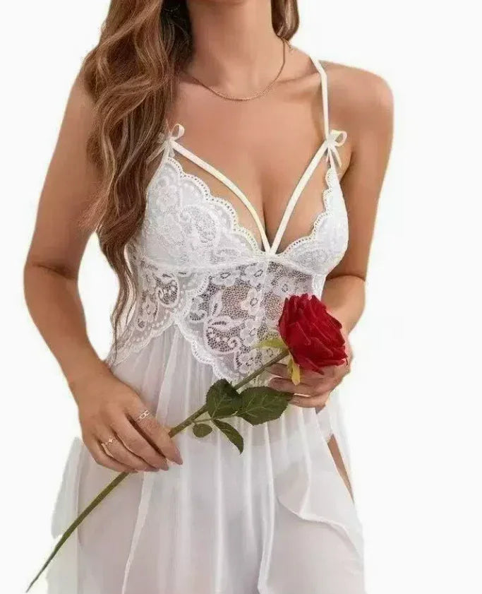 Woman in white lace lingerie holding red rose, romantic couples nightwear
