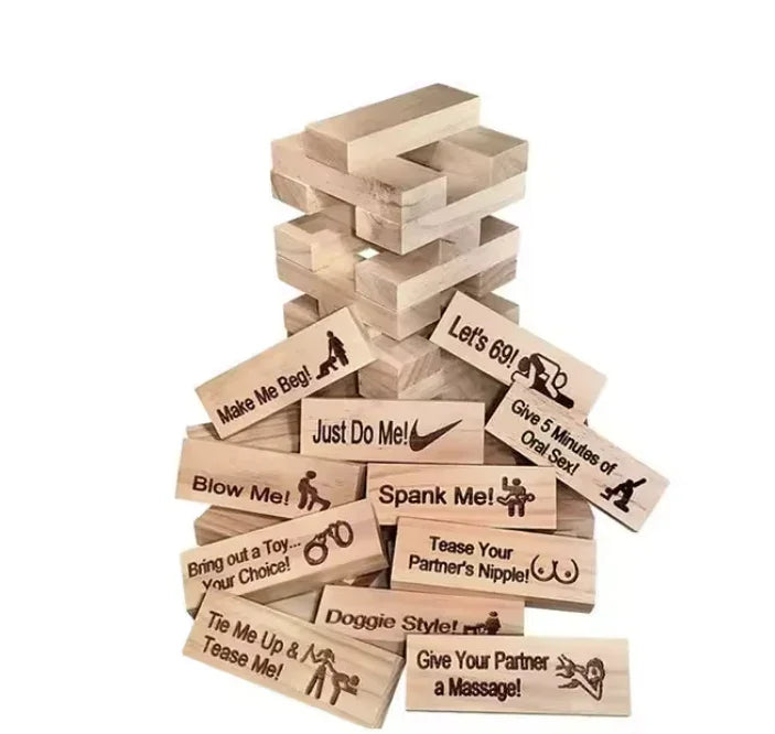 Couples game kit with wooden blocks featuring playful and intimate dares for adults.