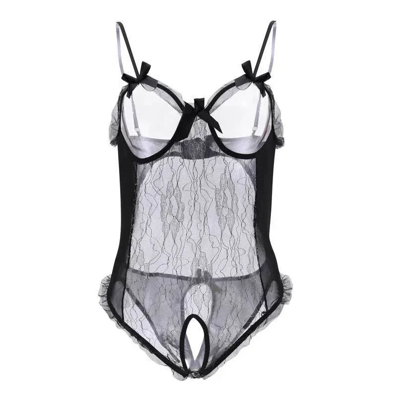 Black lace sheer lingerie bodysuit with bows and open details, couples game kit accessory