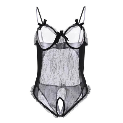 Black lace sheer lingerie bodysuit with bows and open details, couples game kit accessory