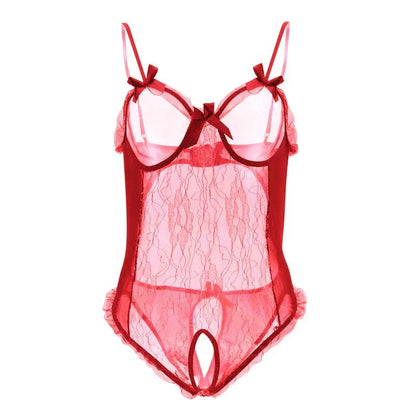 Red lace lingerie bodysuit with sheer panels, ribbon bows, and delicate detailing