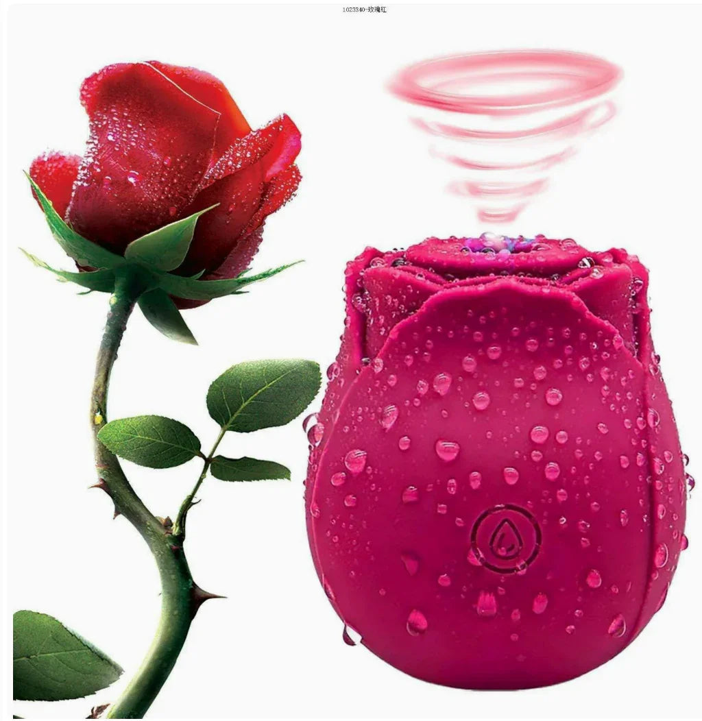 Waterproof rose-shaped couples game kit device with dewdrops beside a real red rose