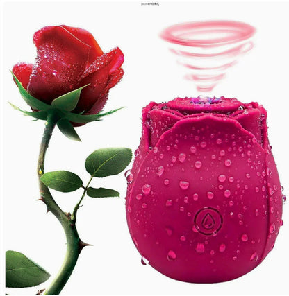 Waterproof rose-shaped couples game kit device with dewdrops beside a real red rose