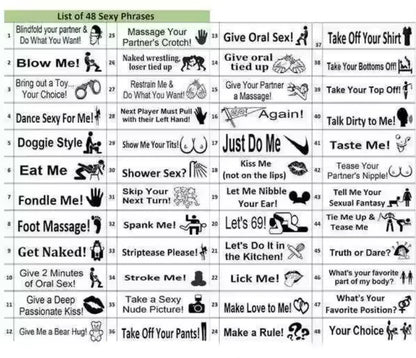 Couples game kit card featuring 48 playful intimacy phrases and suggestive icons for date night.